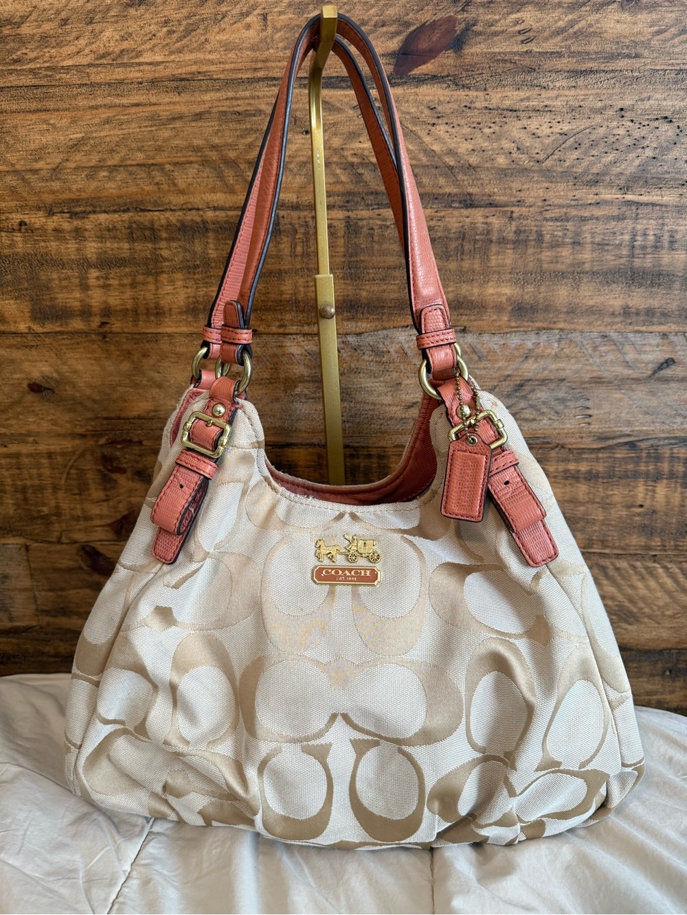 VTG Coach Beige/Orange Op Art Canvas and Leather Madison Maggie Shoulder Bag